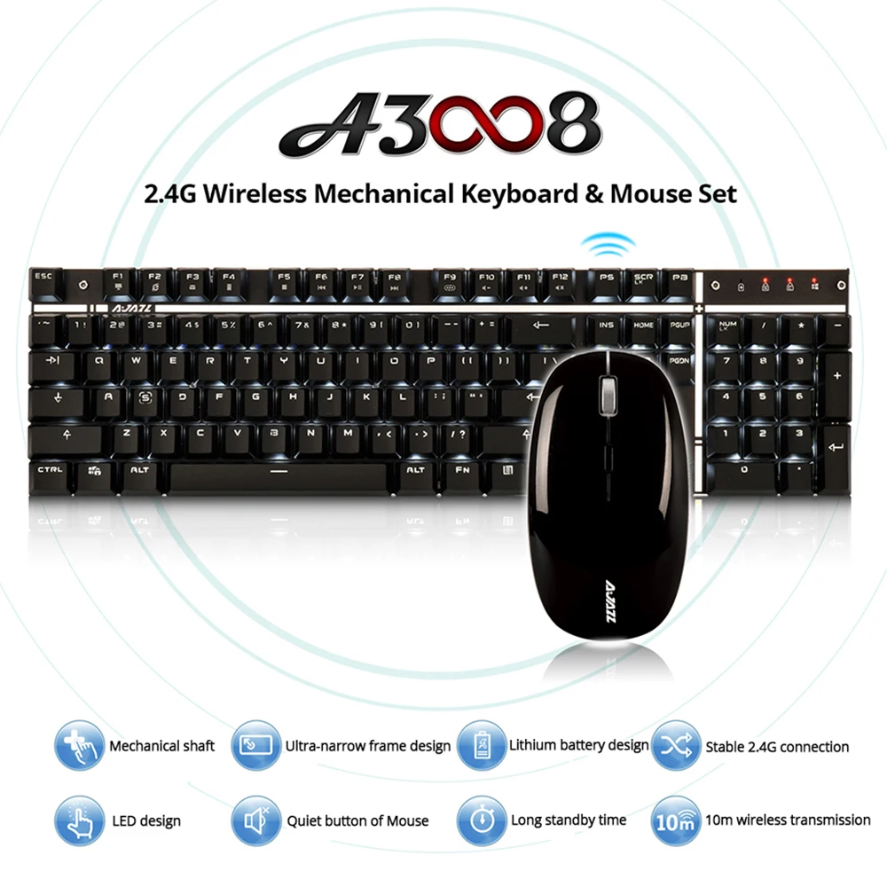 Ajazz A3008 2.4G Wireless Mechanical Keyboard Mouse Combos White Backlit Blue Switches Gaming Keybo