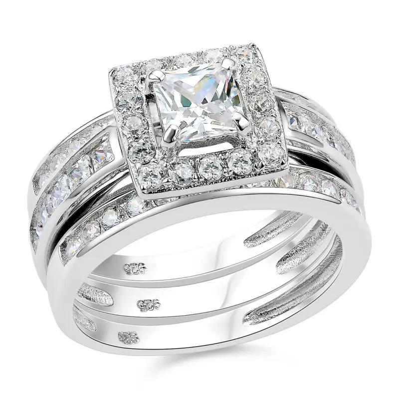 Newshe Princess Cut CZ, 3 шт., Твердое Серебро 925 пробы, обручальное кольцо, набор, модные украшения для женщин, размер 5, 6, 7, 8, 9, 10