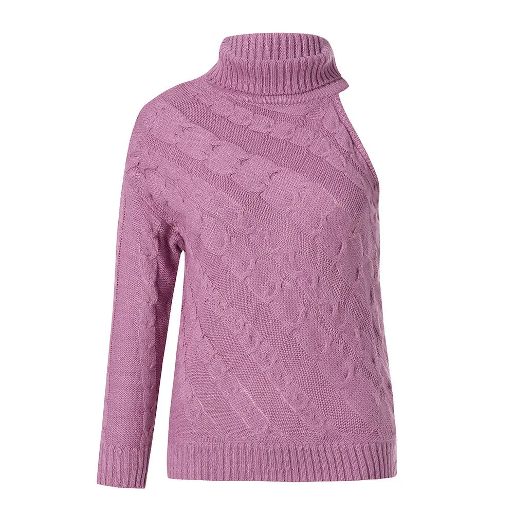 Осень-зима, модные женские свитера, пуловеры с длинным рукавом, водолазка, на одно плечо, свитер, тонкие, одноцветные, вязаные Джемперы, топы - Цвет: Фиолетовый
