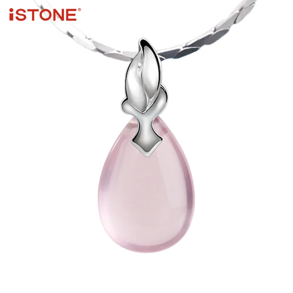 

iSTONE 100% Natural Gemstone Rose Quartz Water Drop 925 Sterling Silver Pink Pendant Necklace Fine Jewelry Gift for Valentine