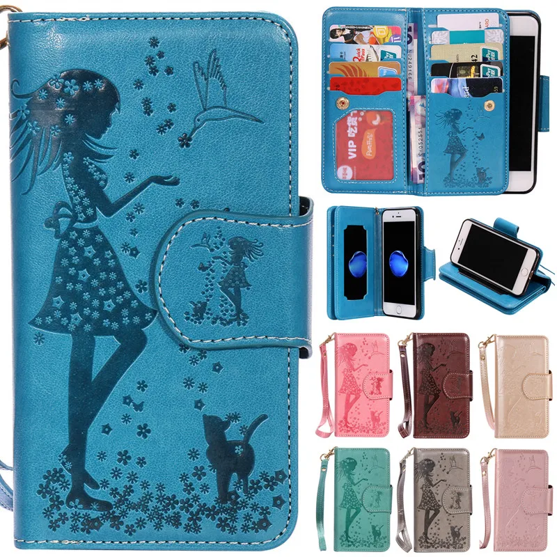 

Luxury Cute Cartoon 9 Cards Mirror Girl Cat Flip Leather Fundas Case For Iphone 5 5s SE 6 6s 6plus 6s Plus 7 7plus 7 Plus Cover
