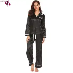 ACEVOG Модный комплект Для женщин люблю милый Атлас Loungewear длинные пижамы классический пижамы рукавом Для женщин брюки Pj с