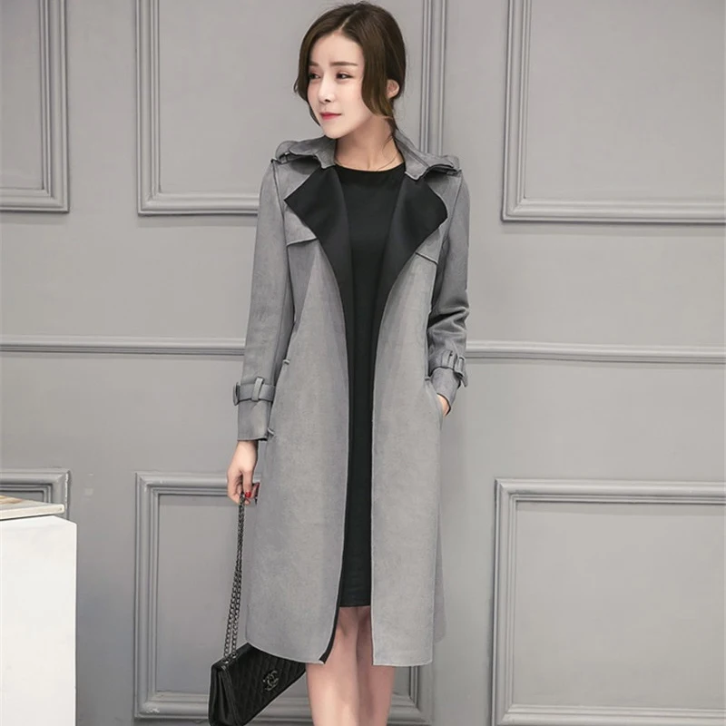 2019 Autumn Suede Trench Coat For Women Cardigan Long Overcoat Loose Large Size Female Windbreak Casual With Belt Outwear R563
