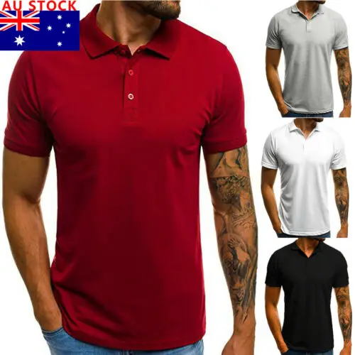 

AU Men's Slim Short Sleeve V Neck Button Collar Casual Shirt Basic Tops Tee