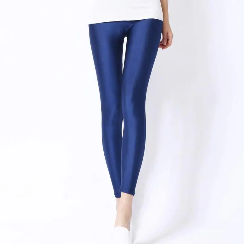 K036 navy blue CUHAKCI женские блестящие брюки леггинсы Горячая Распродажа Леггинсы сплошной цвет флуоресцентный спандекс эластичный повседневные брюки блестящие леггинсы - Цвет: K036 navy blue