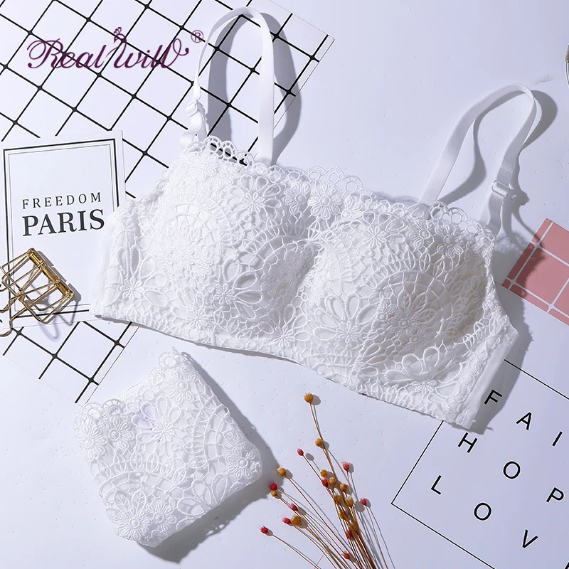 Realwill Lace detachable shoulder strap tube top underwear wireless Lace bra White bra set Lace