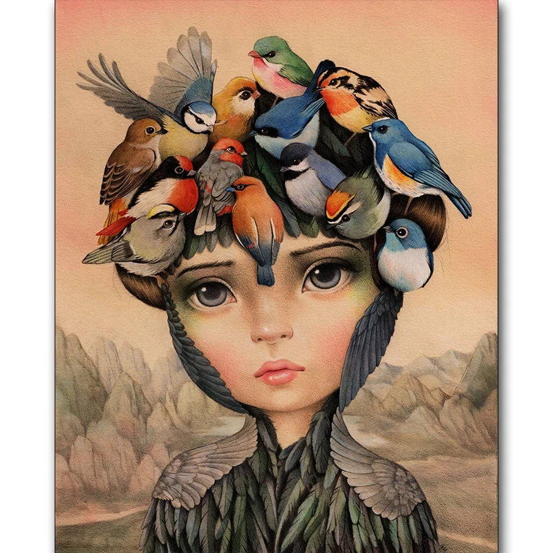 

New Diamond Embroidered Girl Diamond Mosaic Shows Diamond Painted Bird Full Square Picture with Rhinestone Home Decor