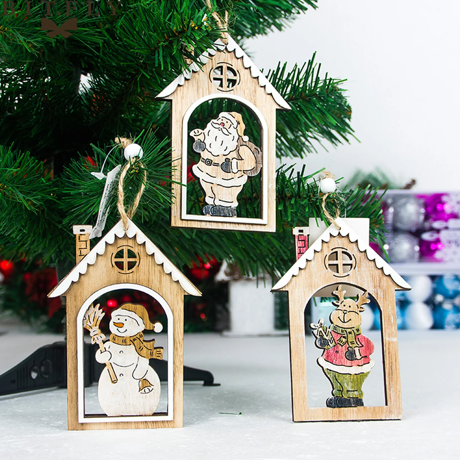 

BITFLY 8.5X12.5CM Santa Claus,snowman,Elk wood house hanging decorations Christmas tree pendants New year festival ornaments