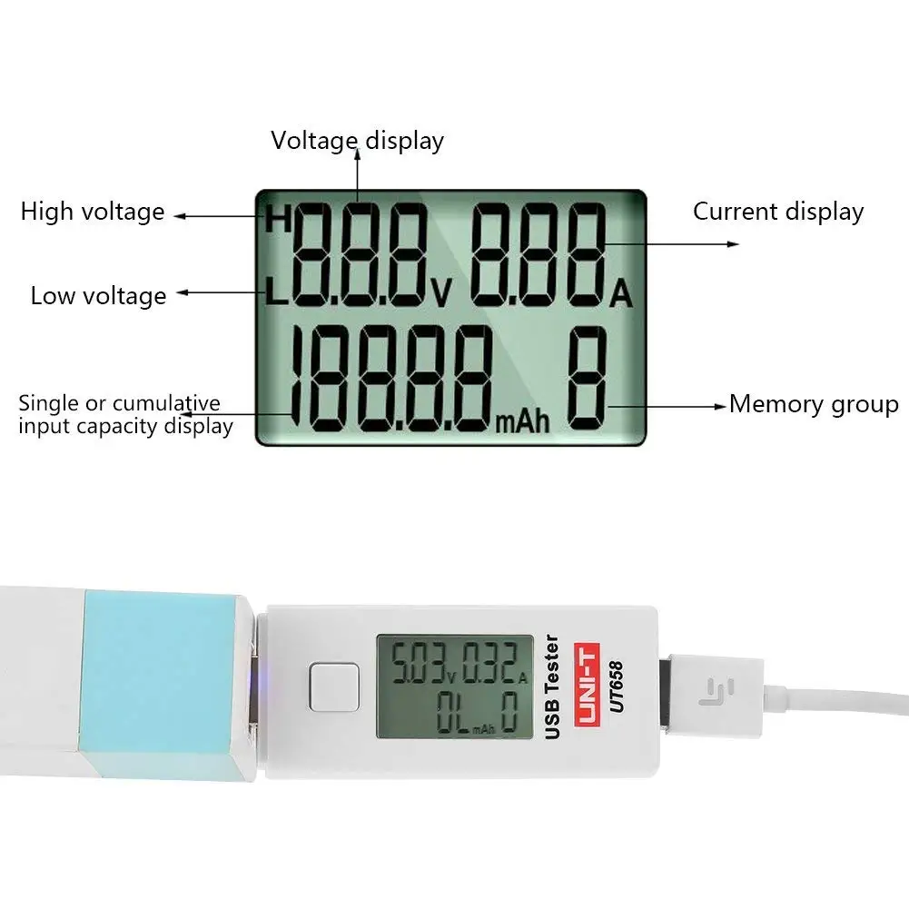 UNI-T UT658 USB цифровой ЖК-измеритель мощности тестер мультиметр измеритель тока и напряжения, измеритель емкости тока тестер 3C-9V