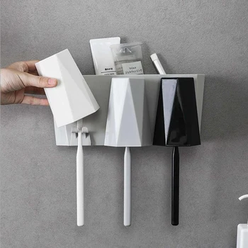 

Toothbrush Holder Wall Mounted With Cups No Nail Bathroom Accessories Sets Bathroom Storage Box Case Household Items