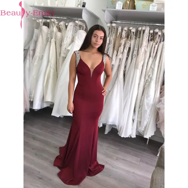 

Beauty Emily Beads Burgundy Mermaid Evening Dress 2019 Long V-neck Evening Gowns for Women robe de soiree