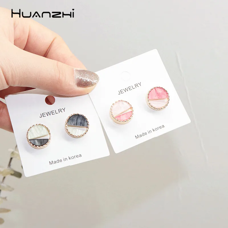 

HUANZHI 2019 New Marble Acrylic Geometric Round Hollow Simple Sweet Fashion Alloy Stud Earrings For Women Girls Wedding Jewelry