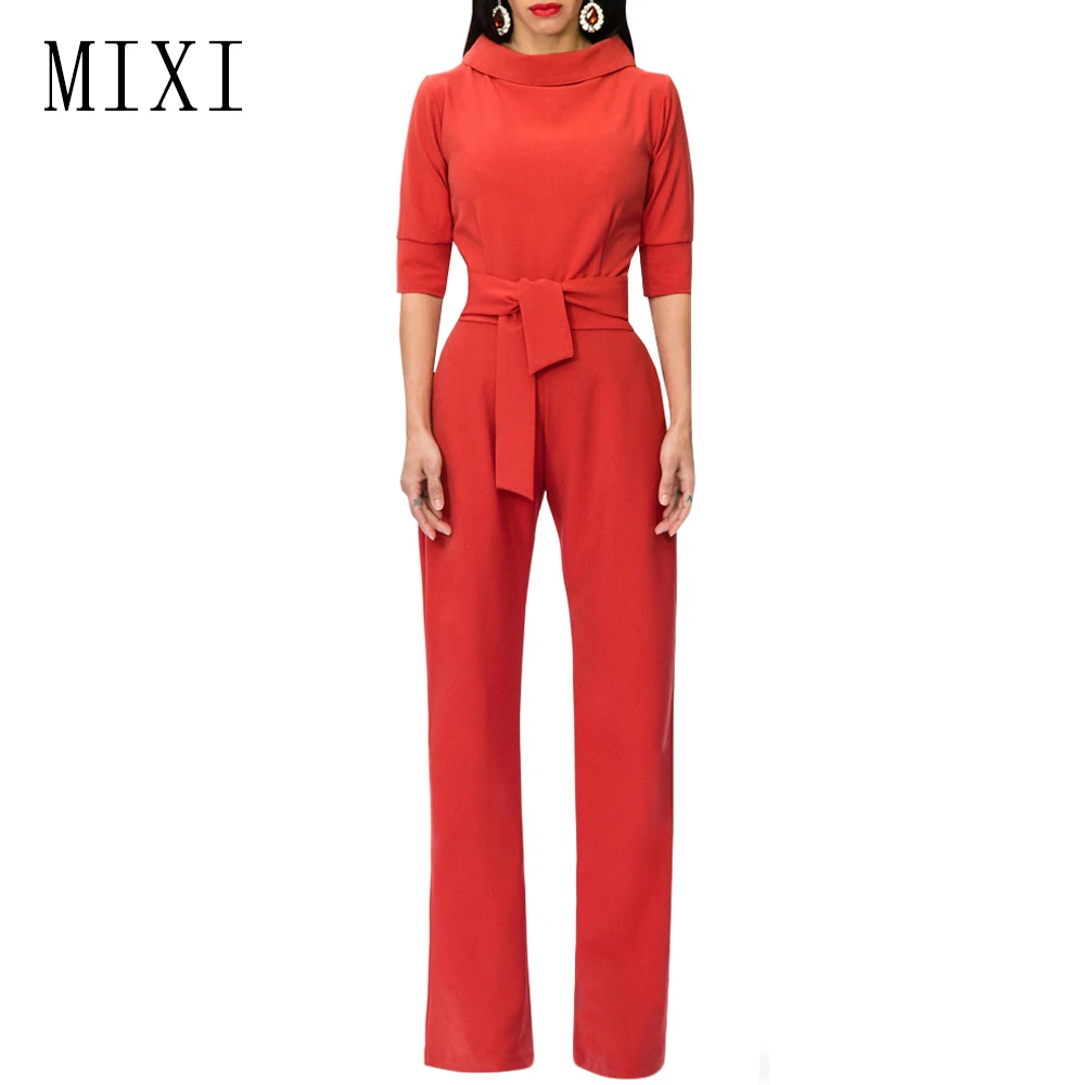 

MIXI Ladies Elegant Jumpsuit Half Sleeve Wide Leg Pants Long Rompers Womens Jumpsuit With Belt Casual Office Work Party Overalls