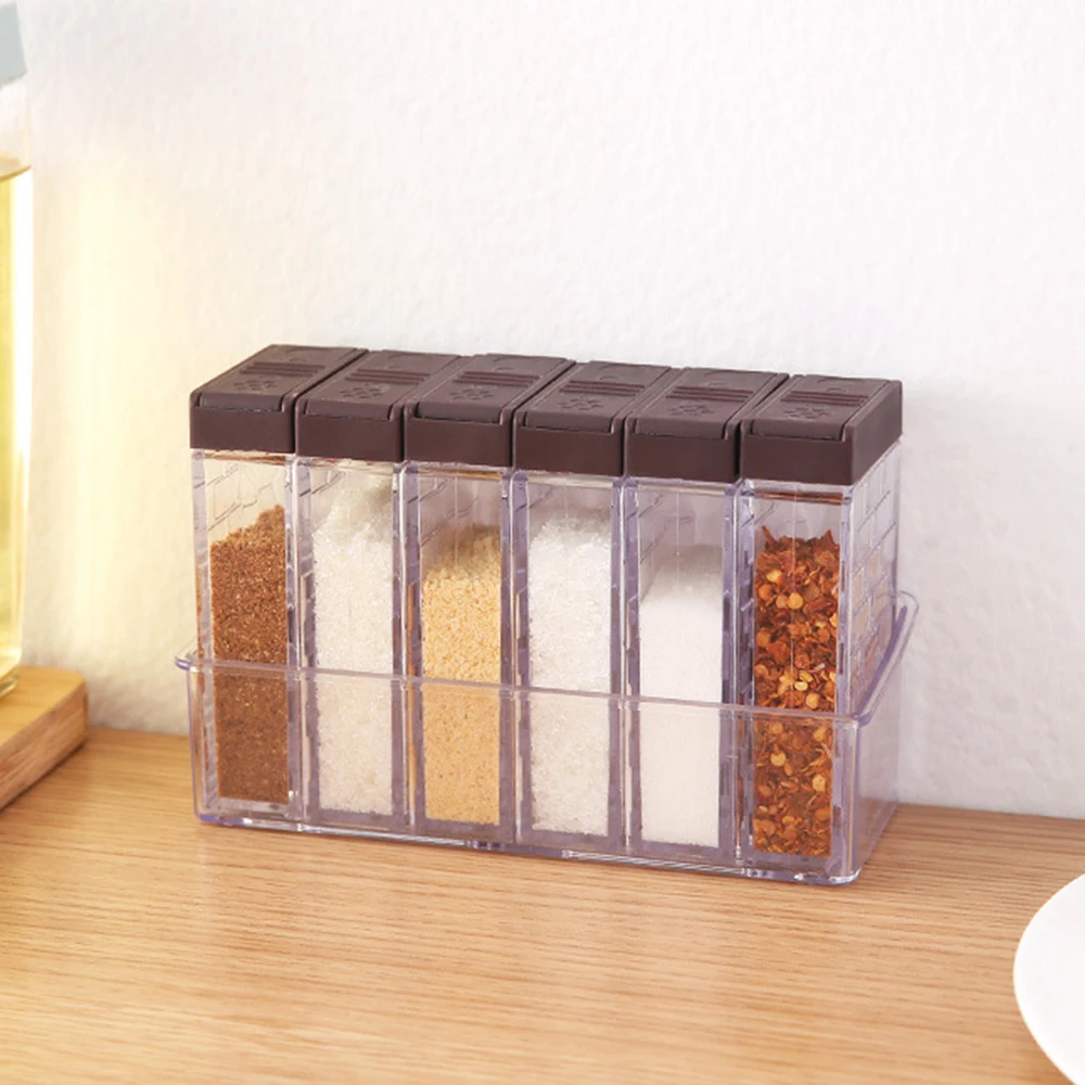 

6 Sets of Transparent Plastic Seasoning Box with Base Kitchen Salt MSG Seasoning Jar Seasoning Storage Box
