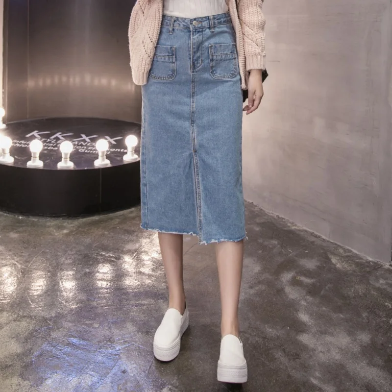 

New Korean Summer Pockets Women's Jeans Skirts Slim Pure Color Denim Skirt Fashion Simple Female Midi Skirt
