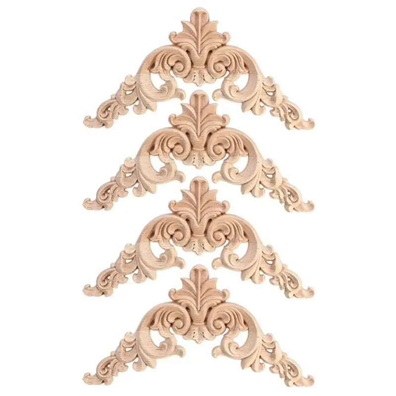 

4pcs Rubber Wood Oak Carved Corner Onlay Applique Furniture Home Door Decor DIY