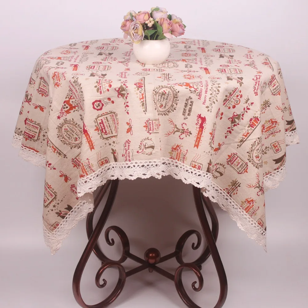 

CURCYA Beige Cotton Linen Merry Christmas Tablecloth Decoration / Lace Christmas Table Cover Cloth for Square Rectangular Tables