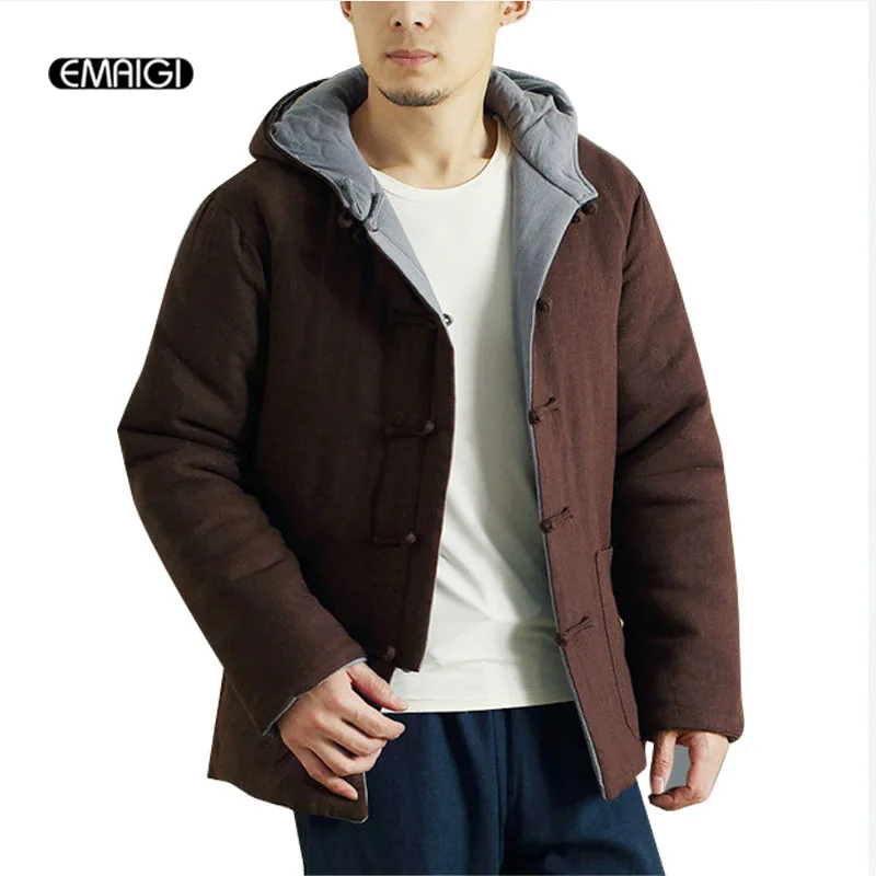 Winter Chinese Retro Mens Jacket Double Sides Wear Casual Hooded Coat Male Thick Warm Parkas Linen