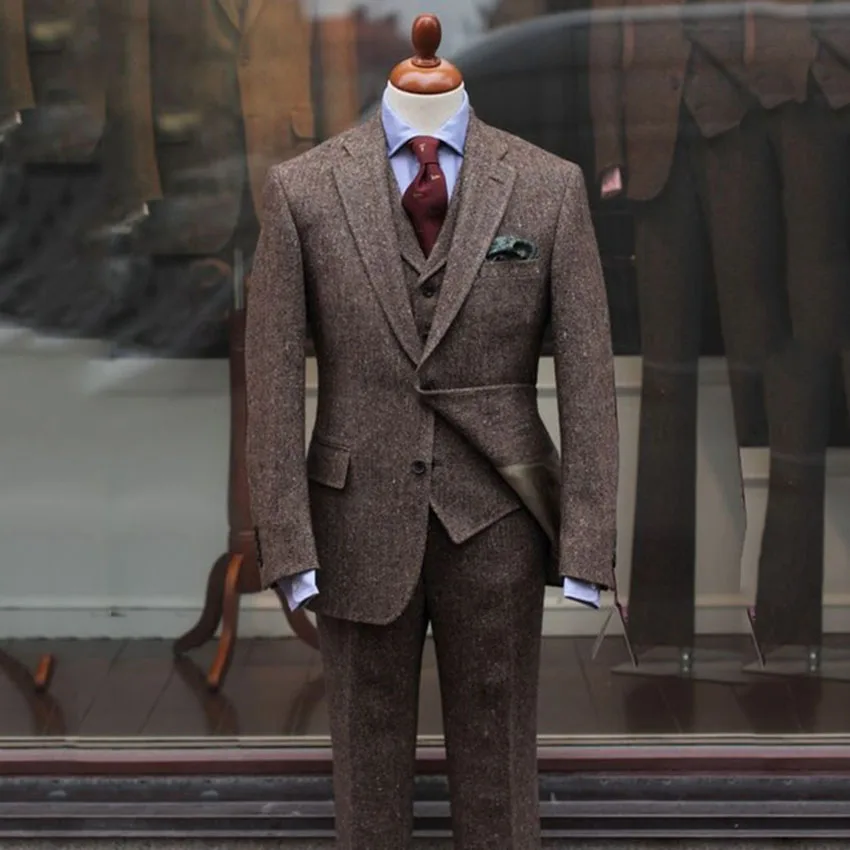 2019 последние пальто брюки конструкции коричневые Твидовые костюмы Для мужчин Slim Fit Формальные Свадебные мужской костюм комплект из 3