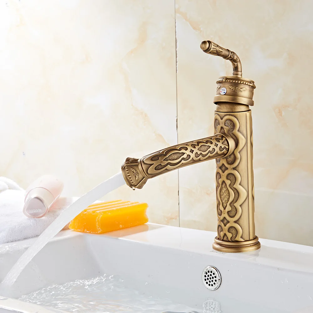 GIZERO خمر الخيزران شكل الحنفيات العتيقة النحاس منحوتة حوض للحمام بالوعة صنبور شلال صنبور الغرور خلاط الصنابير GI38A