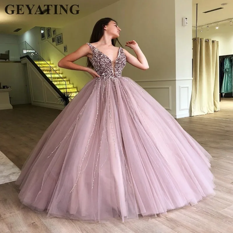 Lavender Tulle Ball Gown Evening Dress Long Dubai Arabic Prom Dresses Tassel Crystal Vestidos para 15 anos Sweet 16 Dresses