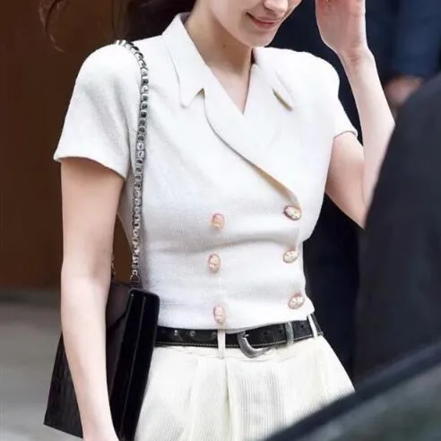 

2019 New Vintage Notched Collar White Short Sleeve Shirt Women Retro Double-breasted Buttons Short Blouse Casual Tops Blousa