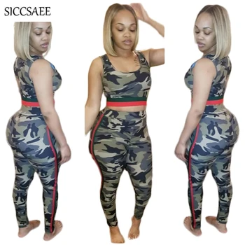 

Summer Bodysuit Camouflage Print Two Piece Set Striped Tank Crop Top Long Pants Sweat Suit Sexy Casual Bodycon Bandage Outfits