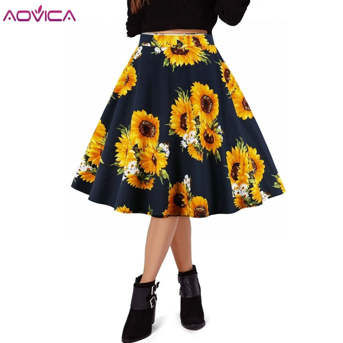 Aovica, летняя Черная Женская юбка с высокой талией размера плюс, цветочный принт, узор в горошек, женские летние юбки, Скейтер, 50 s, винтажная юбка миди