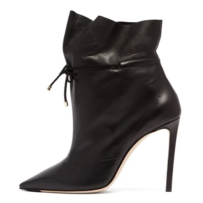 

Women Black Patent Leather Pointed Toe Short Booties Spring Autumn Ankle Tied High Thin Heel Dress Shoes Plus Size
