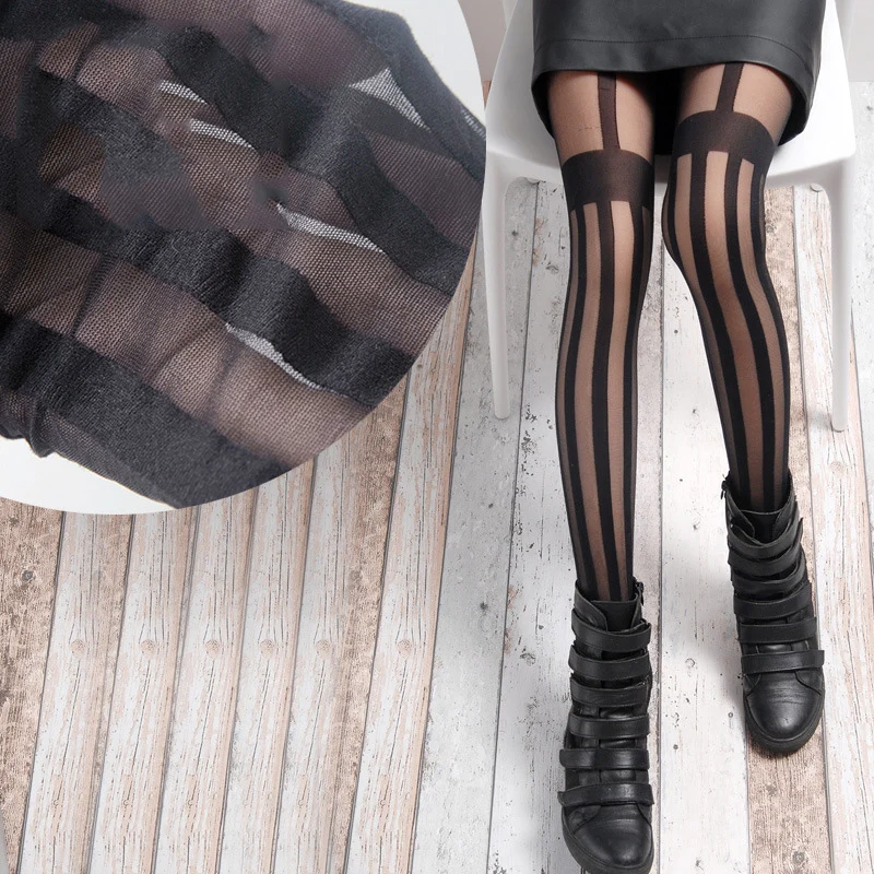 

New Arrival Women Girl Gothic Punk Sexy Vertical Stripe Pantyhose Stockings Stripe patchwork thread Tights Black Free Shipping