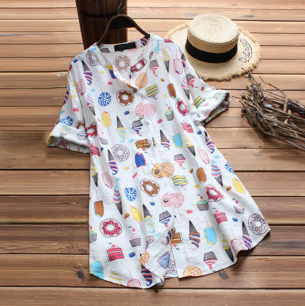 

Feitong Blouse Women Vintage Casual Print O-Neck Half Button Sleeve Linen Top Shirt Blouse Chemise Femme Womens Tops And Blouses