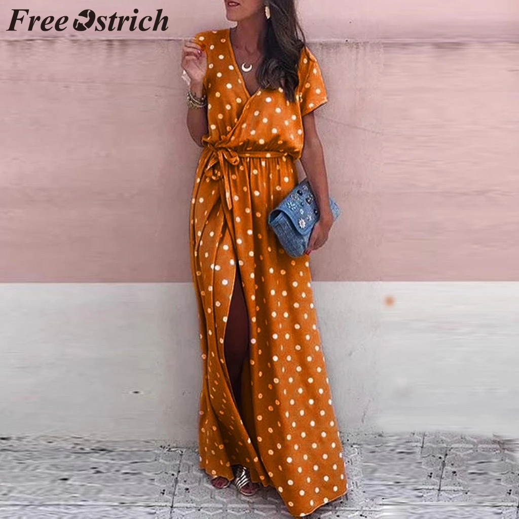 

FREE OSTRICH Dress Women Wave Point Dot Split Short Sleeve Ankle-Length V-Neck Yellow Loose Elegant Graceful Long Dress Summer