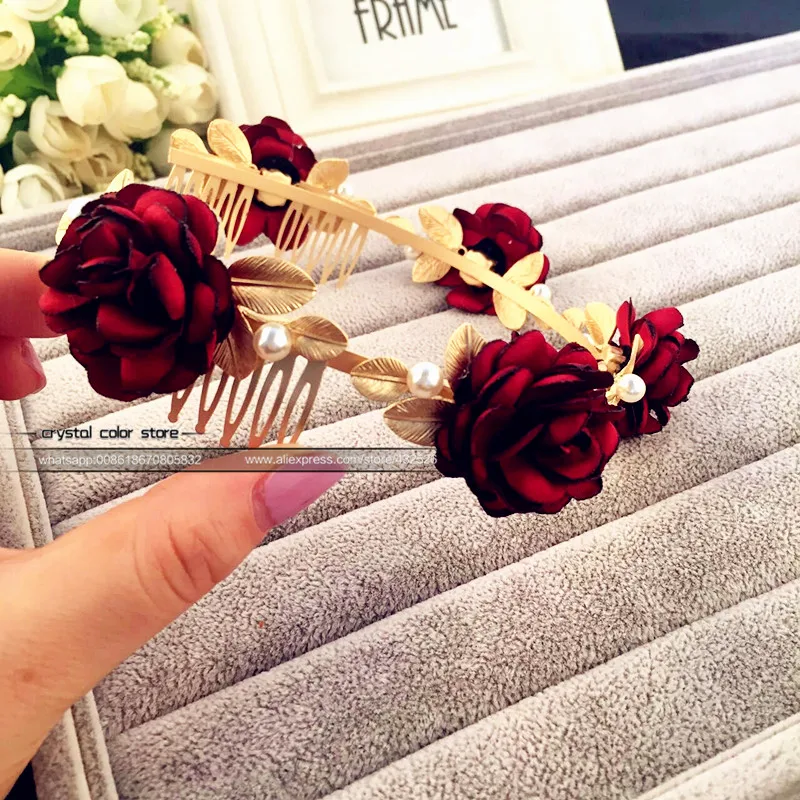 New Baroque vintage red flower gold alloy leaves headband women golden