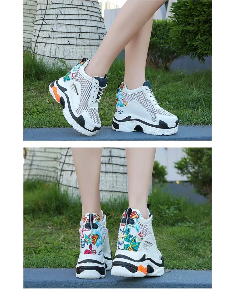 12 см высокие женские дышащие спортивные сетки кроссовки легкие на высокой платформе Повседневная Дамская обувь со шнурками Летняя обувь кроссовки