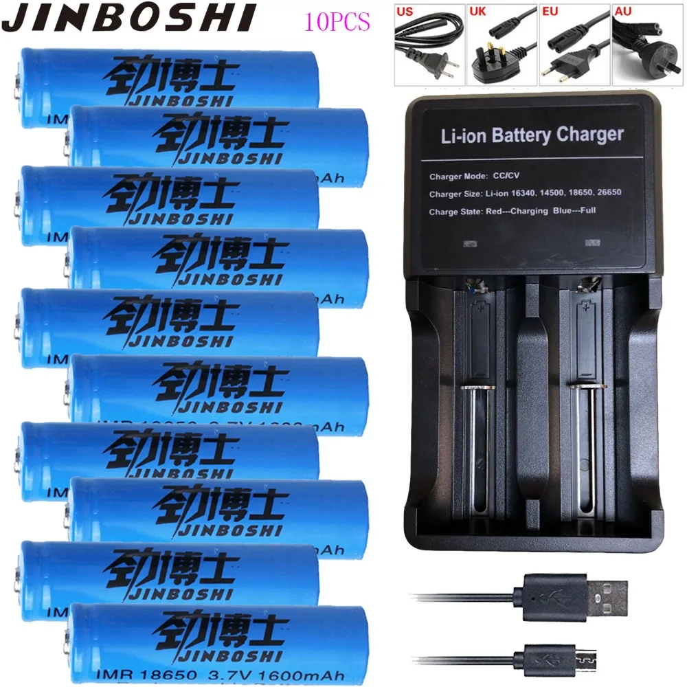 

10pcs/lots 18650 battery 3.7 V 1600 MAH Li ion rechargeable battery Battery flashlight +1pcs 18650 14500 battery charger