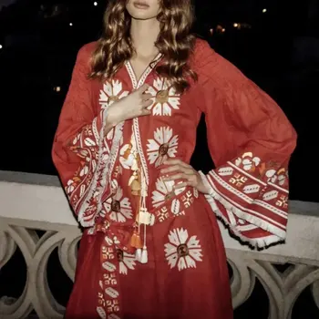 

Autumn Floral Embroidery Women Dress High Low Hem Boho chic Hippie Midi Dresses V-Neck Kimono Sleeve Casual Beach Vestidos