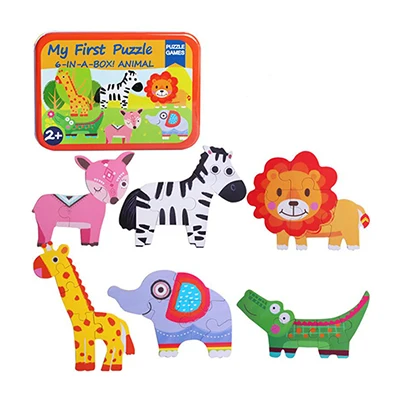 Детская головоломка мультфильм 3D головоломка+ металлическая железная коробка 3D деревянная головоломка Обучающие игрушки Монтессори Детские деревянные игрушки - Цвет: Wild-Animals