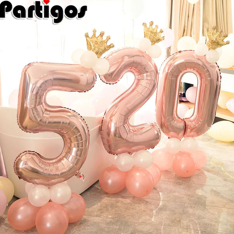 

1 set Baby Shower Rose Gold 32 inch Foil Number Balloons 1 2 3 year Birthday Party Decor 2.2g Latex balloon Stand Upright globos