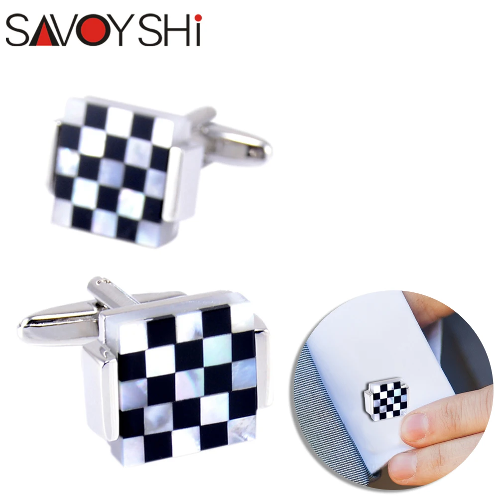 

SAVOYSHI Mens Cufflinks Black White Lattice Shell Cuff Links for Mens Jewelry Cuff Buttons for gemelos para hombre camisa