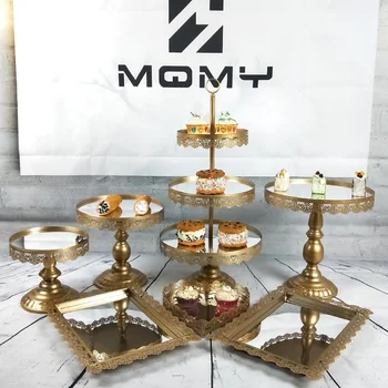 

Gold Silver Pink 3-7PCS Beautiful Tray 3 tier Cupcake Dessert Display Decoration Tools Wedding Crystal Mirror Cake Stand Set