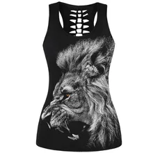 Черного цвета с принтом в виде льва, Женская Спортивная кофта Топ для фитнеса с сексуальным вырезом, спортивные топы gym для женщин yoga рубашка без рукавов, для тренажерного зала на бретелях