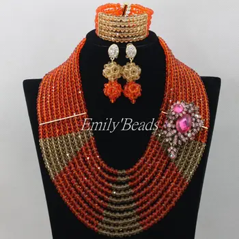 

Nigerian Wedding African Beads Jewelry Sets Crystal Bridal Necklaces Orange/Gold Party Lady Bridal Free Shipping AMJ812