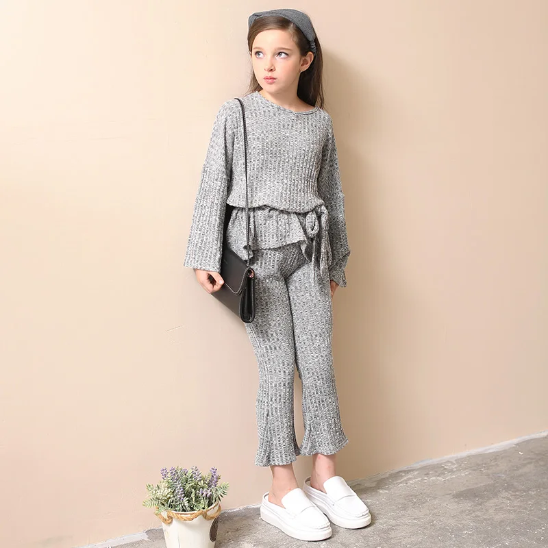 

Fashion Girls Knitted Sets Two pieces Flare Sleeve Sweatshirts Pants age 6 8 10 12 14 15 years Teenage Girls Clothing