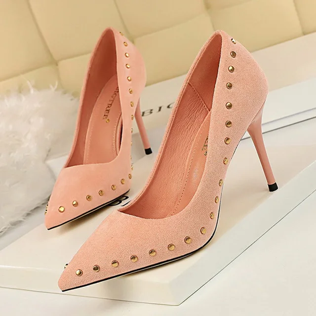 BIGTREE/обувь на высоком каблуке; женские замшевые туфли-лодочки с заклепками; женская обувь; пикантные женские свадебные туфли на каблуке с острым носком; вечерние женские туфли на шпильке - Цвет: pink