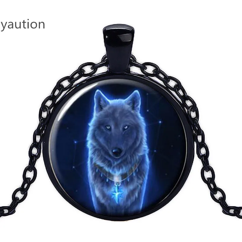 

Vintage Glowing Wolf Cabochon Tibetan silver Glass Chain Unisex Pendant Necklace free shipping