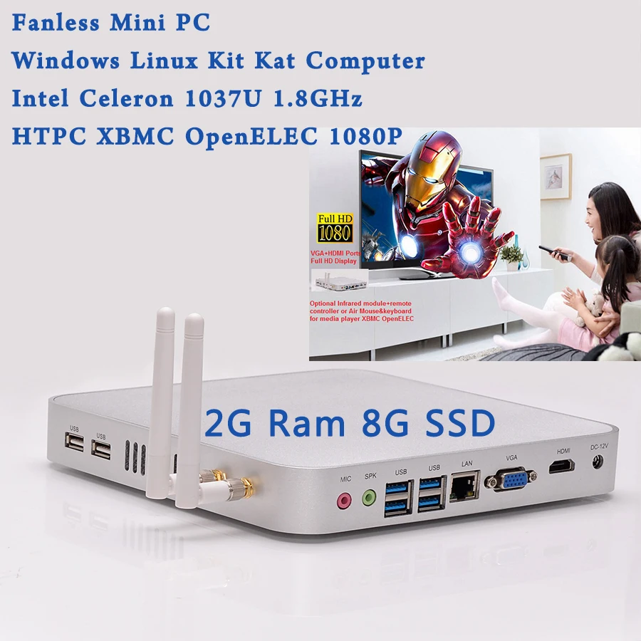 Windows Linux Kit Kat Computer Slim Nettop 2G DDR3 8G SSD Intel Celeron 1037U 1.8GHz HTPC XBMC OpenELEC 1080P Fanless Mini PC