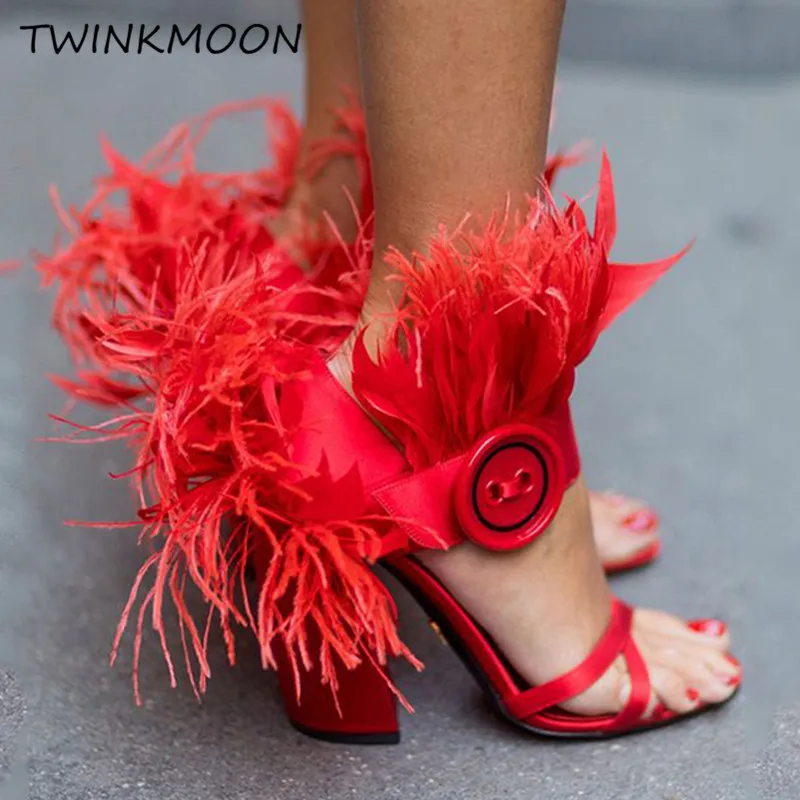 

Red Fur Sandals Women Satin Ostrich Feather Shoes Ankle Buckle Button Block High Heels Party Runway Summer Sandals Zapatos Mujer