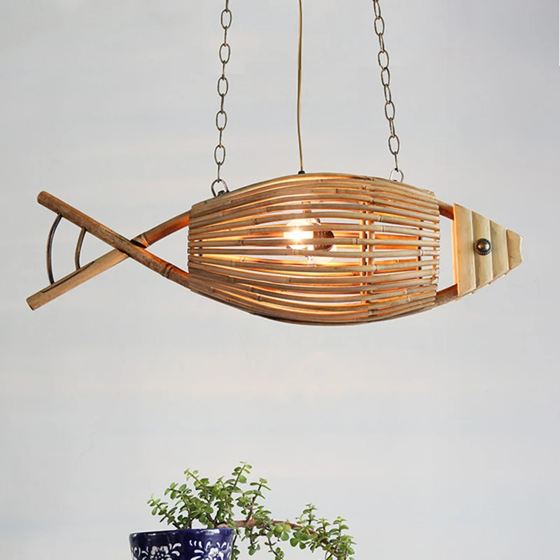 

Vintage LED Hanglamp Fish Shape Loft Pendant Lights Bamboo Suspension luminaire Hanging Lighting Fixtures for Kitchen Restaurant