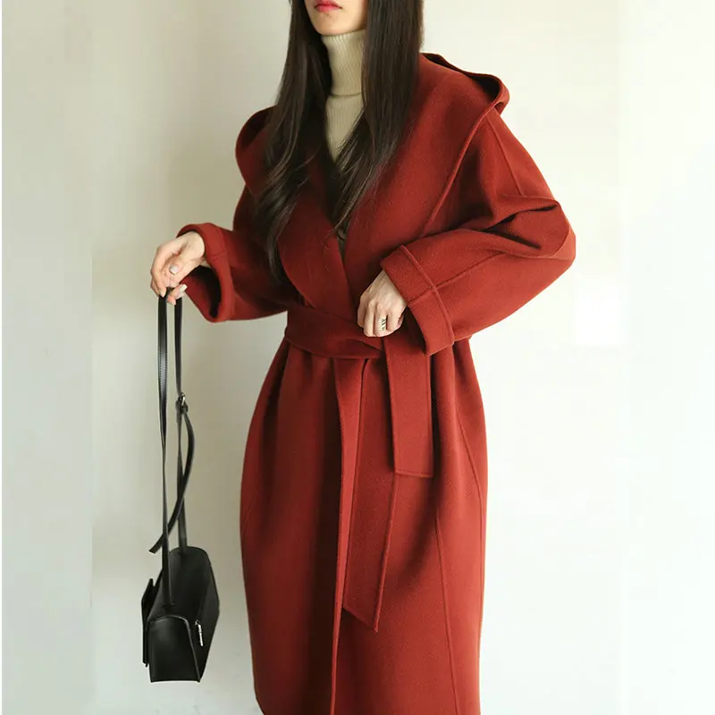 Женское шерстяное пальто большого размера, новинка, длинная двухсторонняя шерстяная куртка с капюшоном, женская высококачественная шерстяная куртка ручной работы LJ534 - Цвет: red
