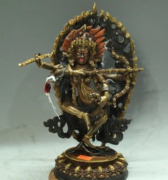 

10" Tibet Buddhism Temple Bronze 24K Gold 4 Arm Archery Buddha Kwan-Yin Statue